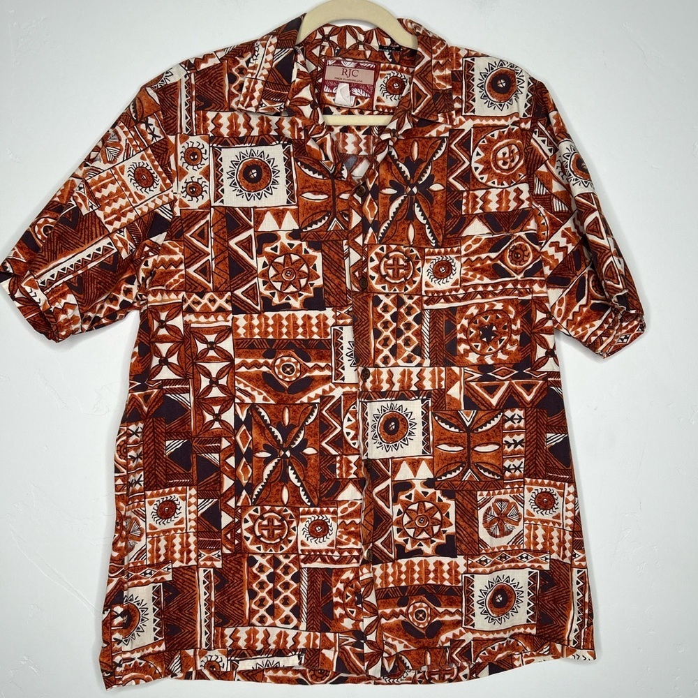 Vintage RJC Aloha Shirt Geometric Orange Made in‎ HI 100% Cotton Size Large